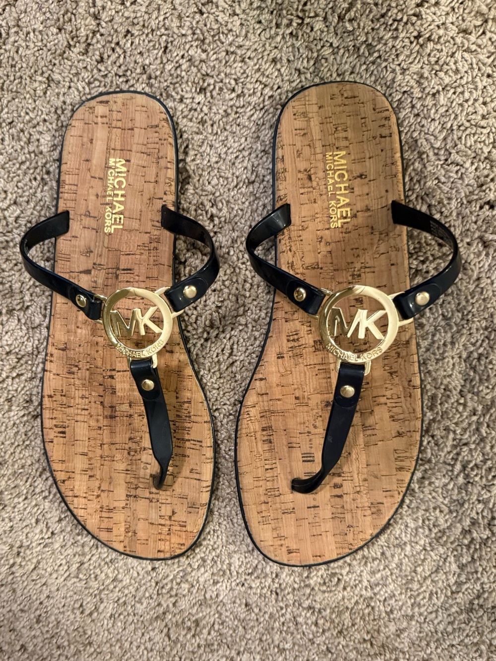 Michael Kors Black Gold Logo Cork Thong Sandals Size 11